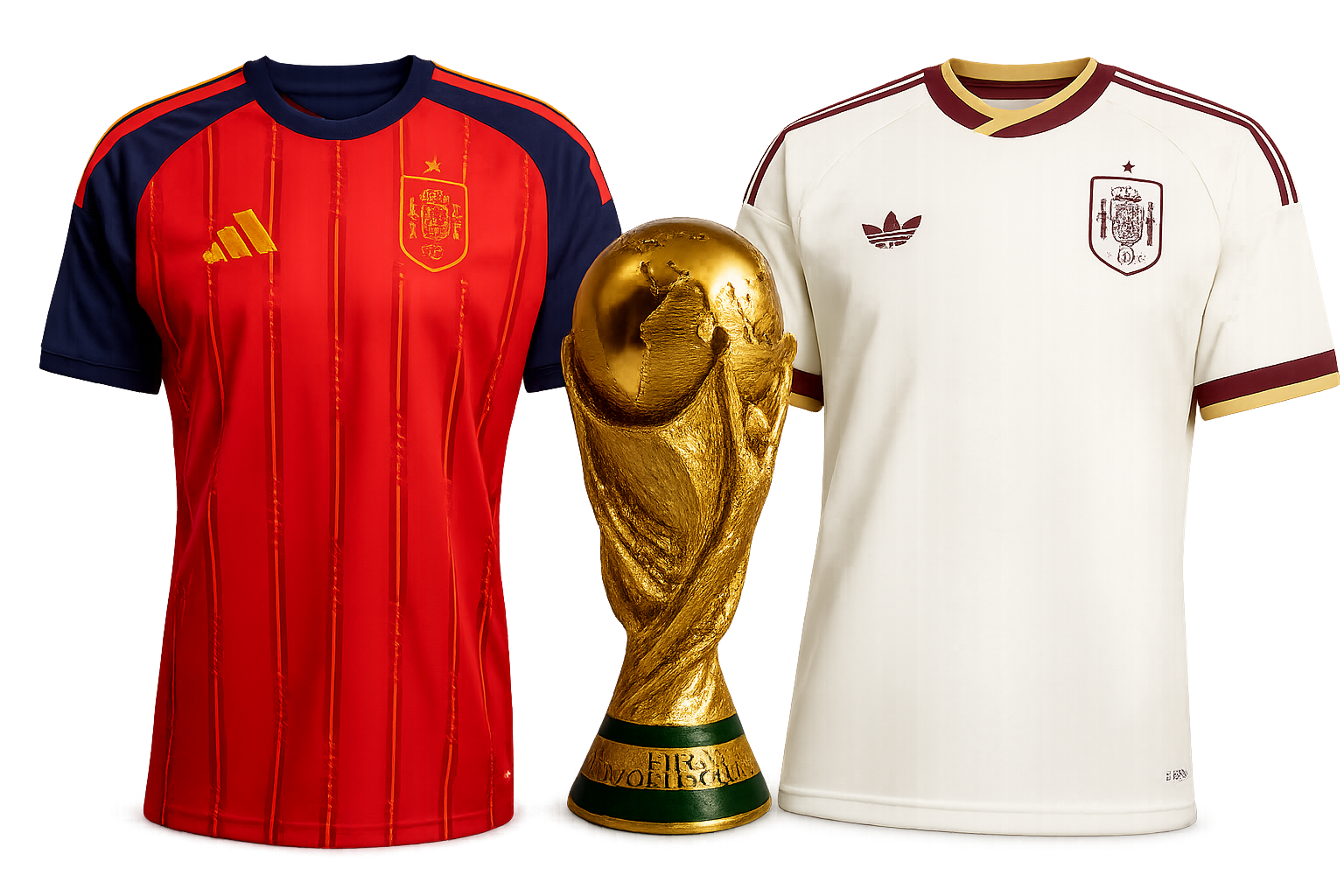 Camisetas de seleccion de Espana y trofeo del Mundial 2026